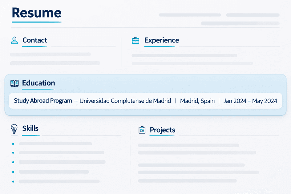 Resume example showing study abroad listed under Education section with program name, university, location, and dates