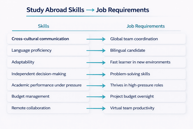 Chart showing seven transferable skills from study abroad mapped to common job requirements in corporate, nonprofit, and international roles